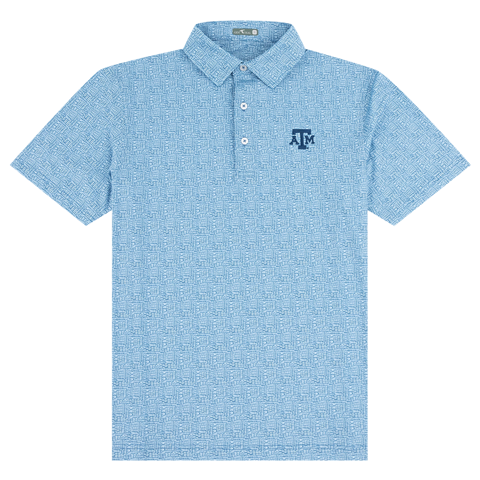 Blue polo with dotted designs on it and Texas A&M lettering embroidered on the upper left chest