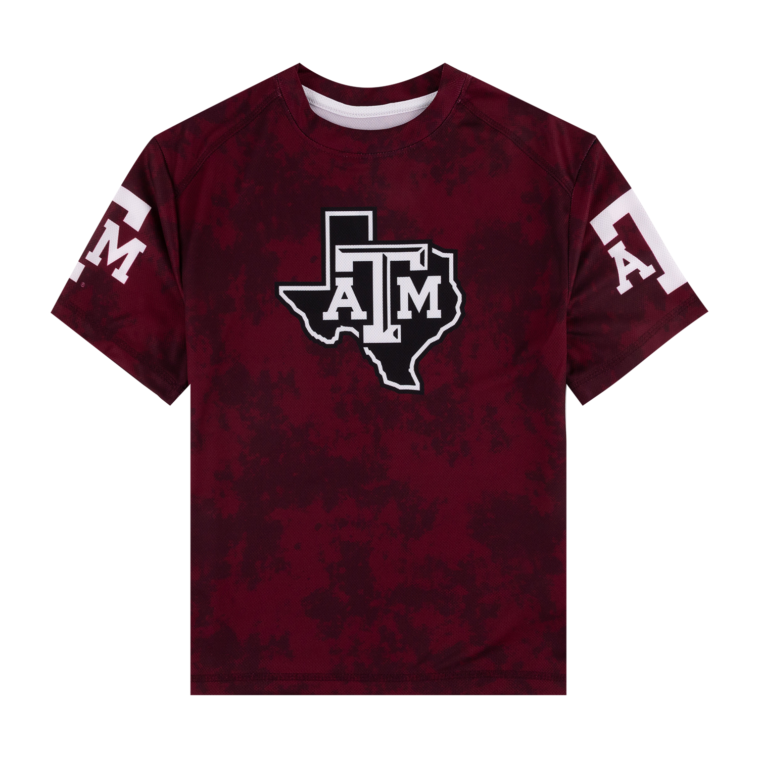 A short-sleeve crewneck t-shirt in maroon with a subtle tonal pattern, featuring a large Texas A&M 'A&M' logo in black and white on the chest, with white 'A&M' lettering on both sleeves.