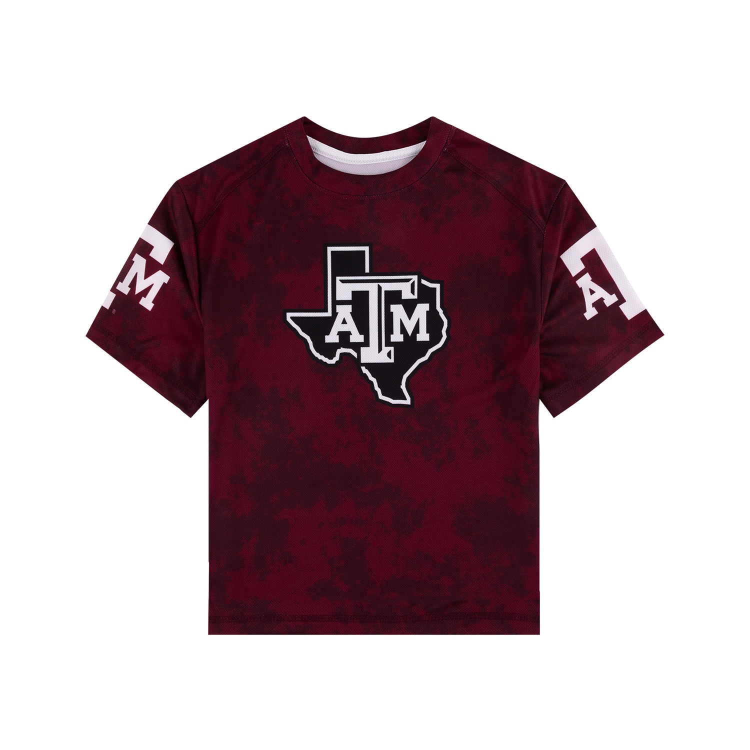 A short-sleeve crewneck t-shirt in maroon with a subtle tonal pattern, featuring a large Texas state outline with 'A&M' logo printed on the chest, and white 'A&M' lettering on both sleeves.