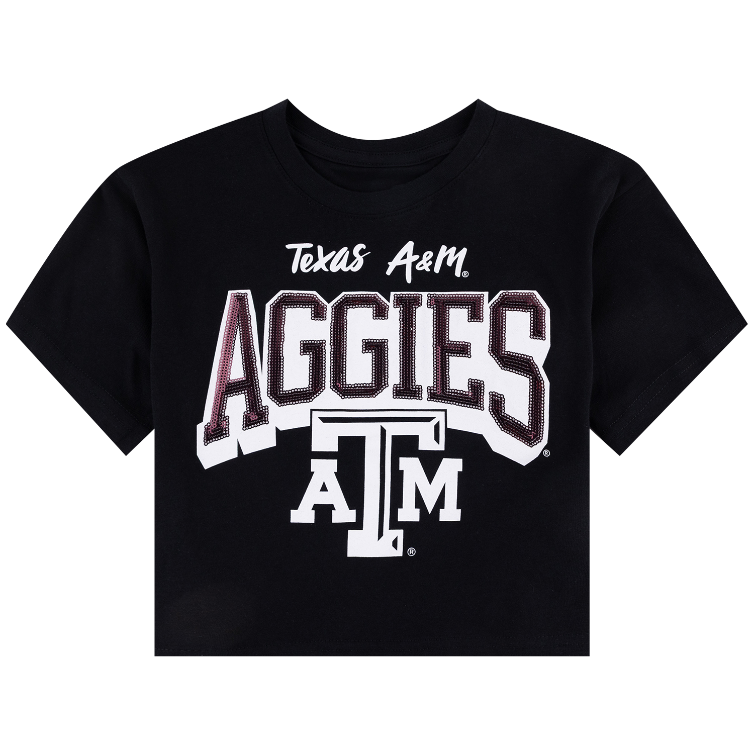 A black short-sleeve T-shirt with a large Texas A&M Aggies graphic on the front, featuring white and maroon lettering on a plain white background.