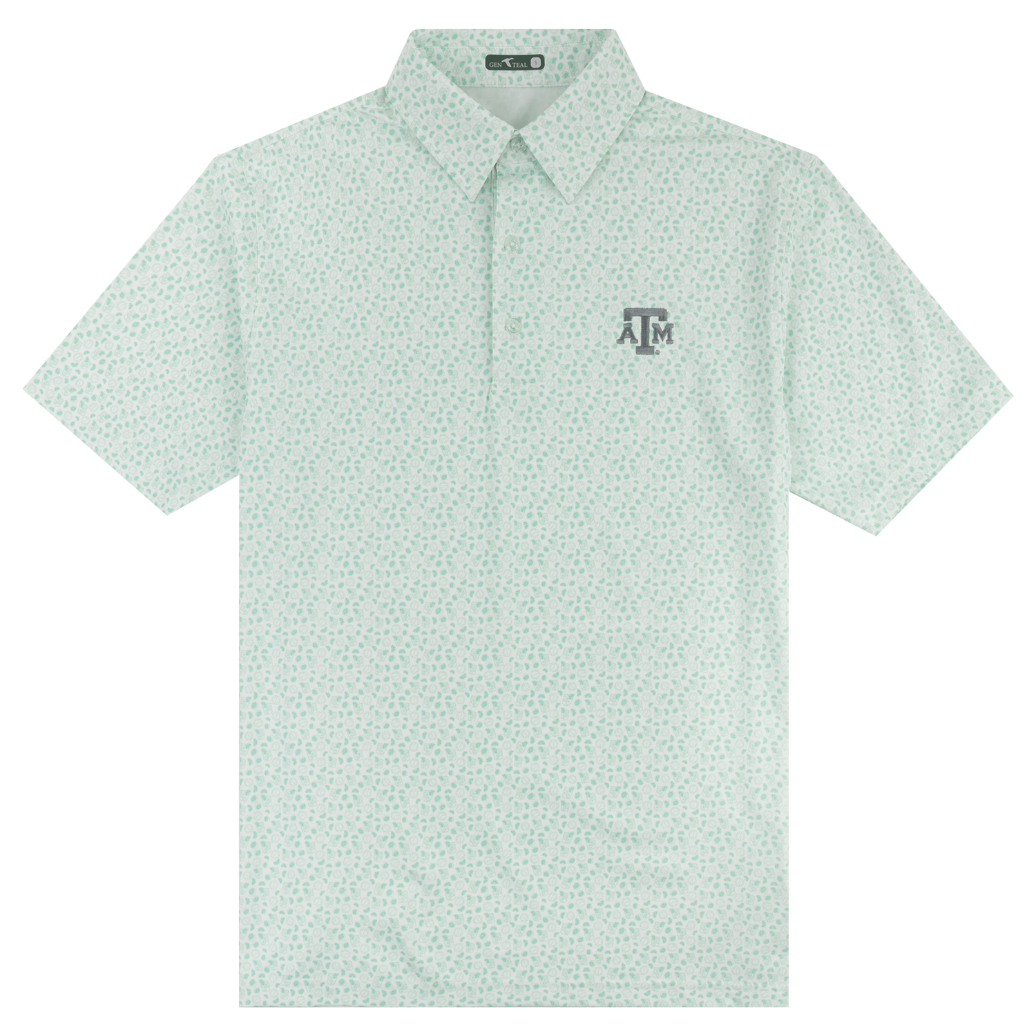 A white polo with green water color dots spread throughout. There is a silver A&M logo embroidered on the left chest. 