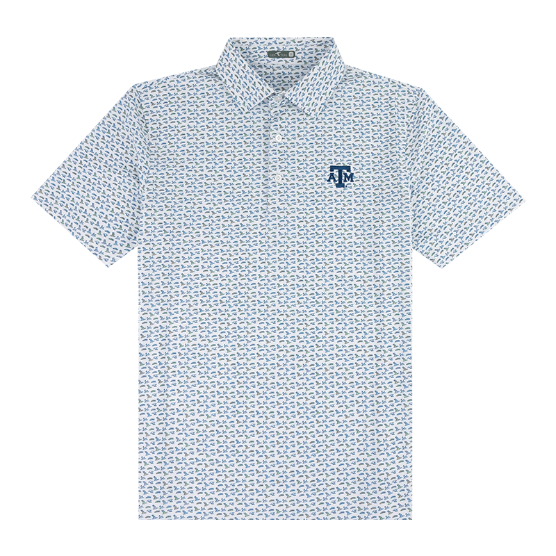 White Polo with blue, green, gray, and orange designs