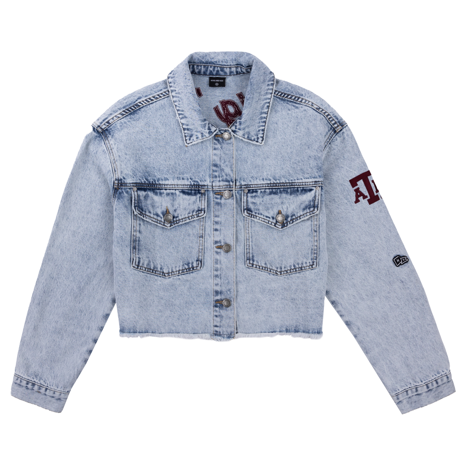 A light blue denim cropped jacket. 