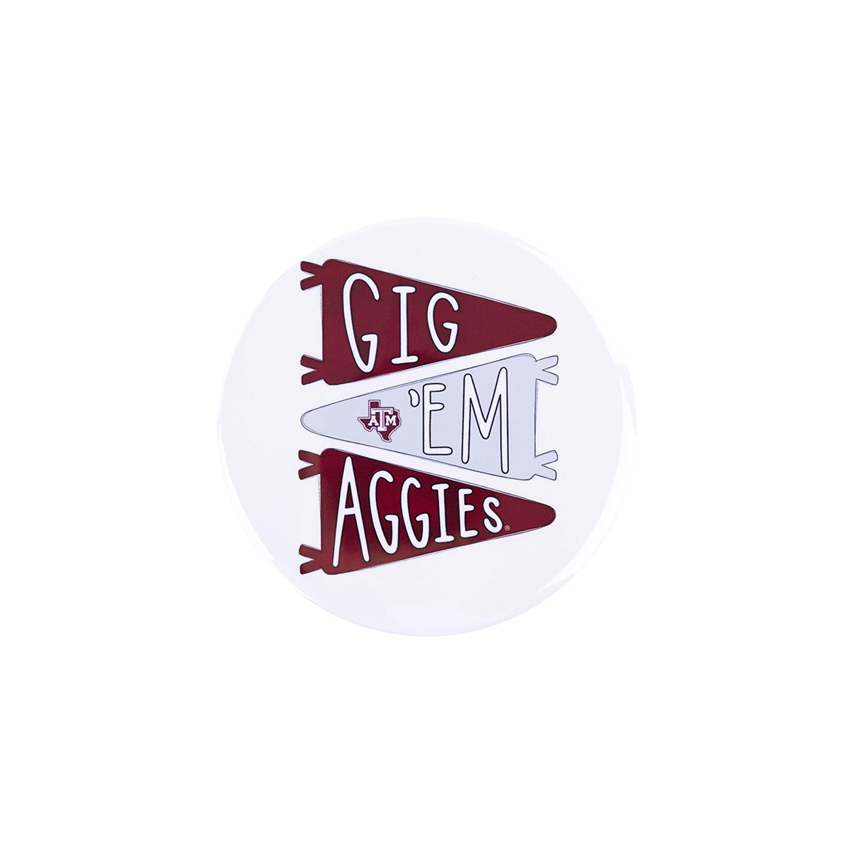 Circular sticker with 'Gig 'em Aggies' text and flag design 