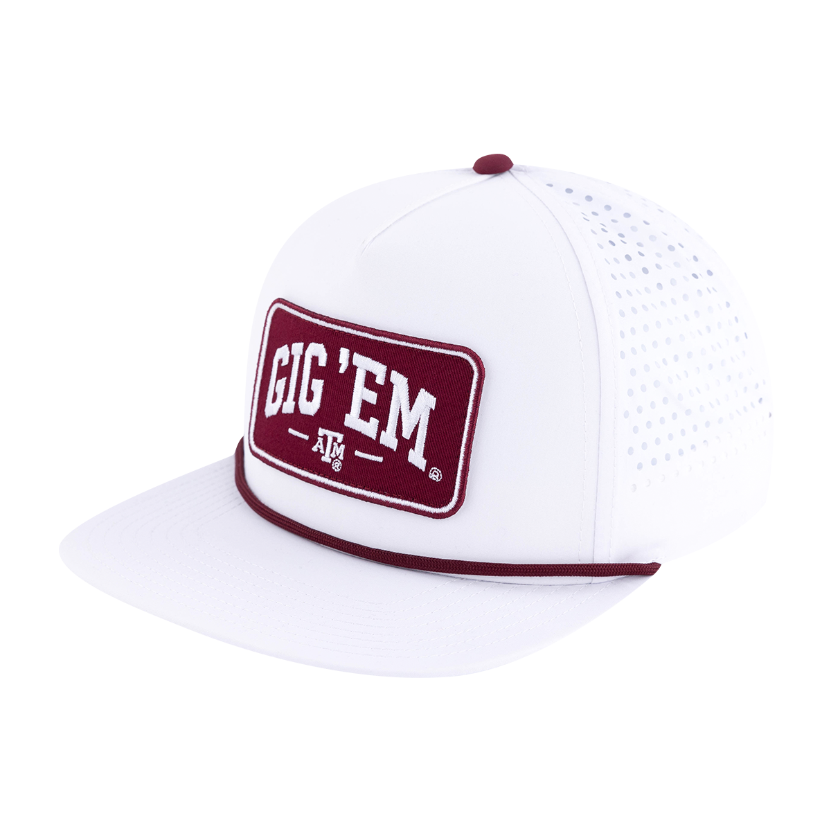 White Rope cap with a maroon patch on the front with "Gig'Em" and the Texas A&M logo on the front.