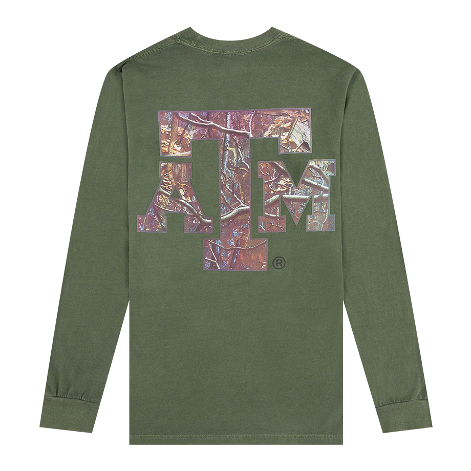 Green long-sleeve shirt with a colorful 'ATM' logo on the back