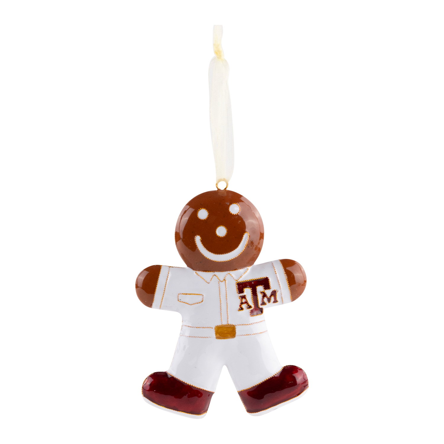 Gingerbread ornament with a yell leader's uniform and a maroon ATM logo.