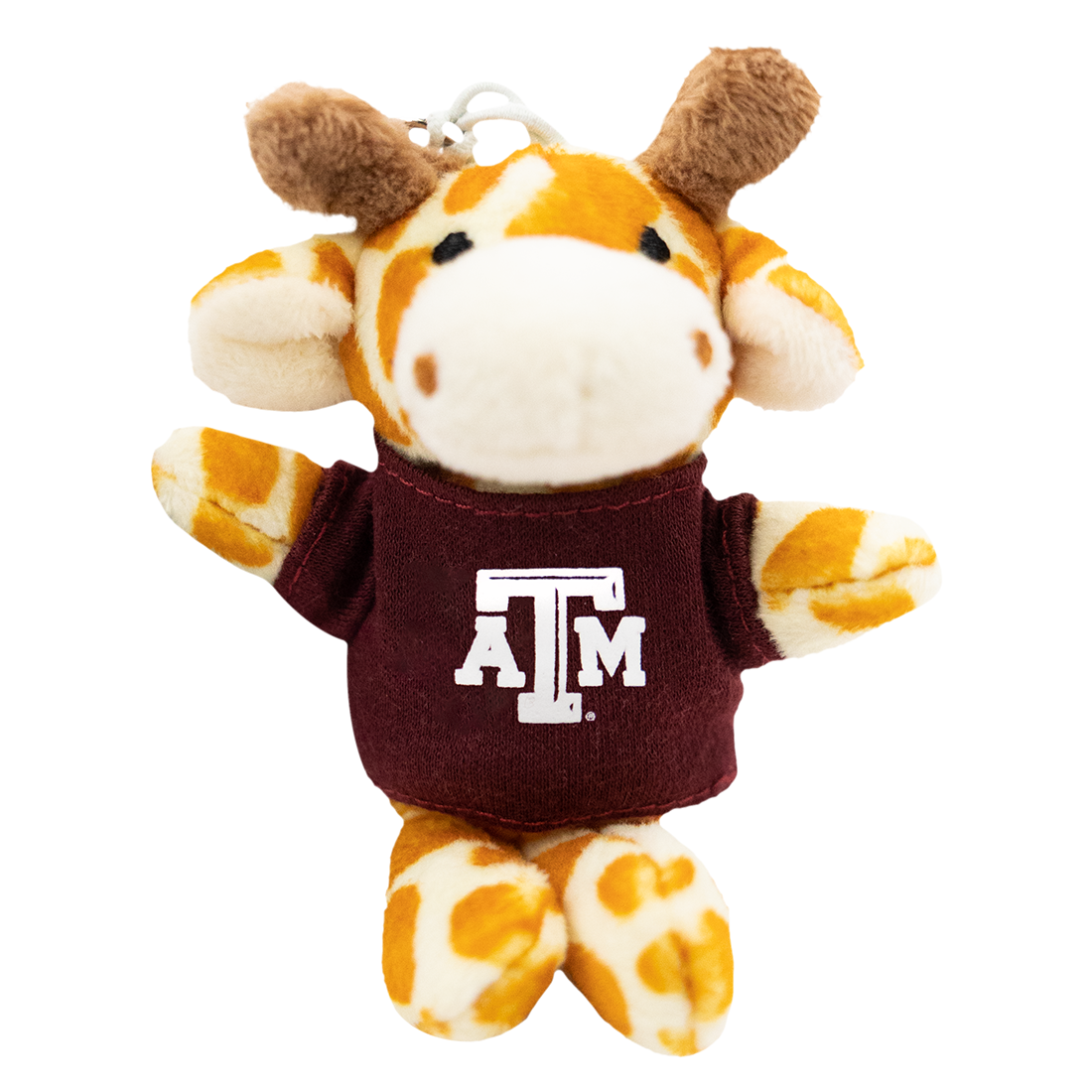 A plush giraffe keychain or bag charm with brown antlers, an orange-and-cream spotted pattern, and a dark maroon shirt featuring a white 'A&M' logo, shown on a plain white background.