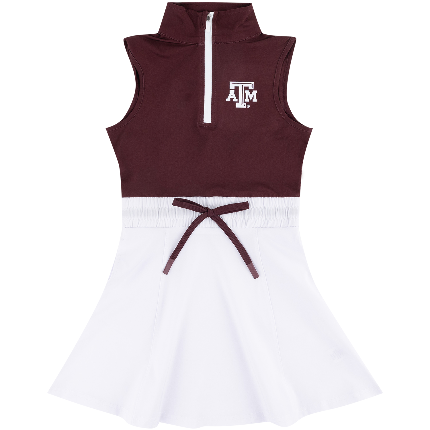 A sleeveless girls' athletic dress with a maroon upper half featuring a white zipper and a white 'A&M' logo, paired with a white skirt and maroon drawstring waist.