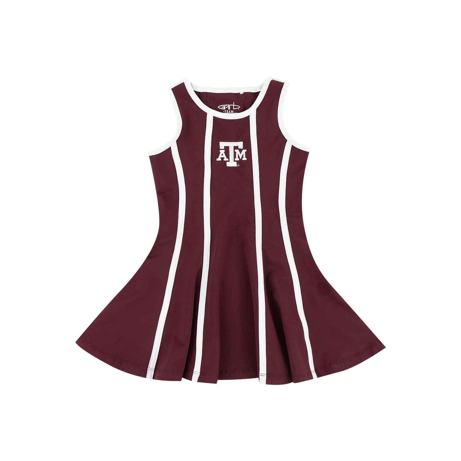 A sleeveless maroon cheerleader dress with white vertical stripes and a white 'A&M' logo on the chest, displayed on a solid white background.