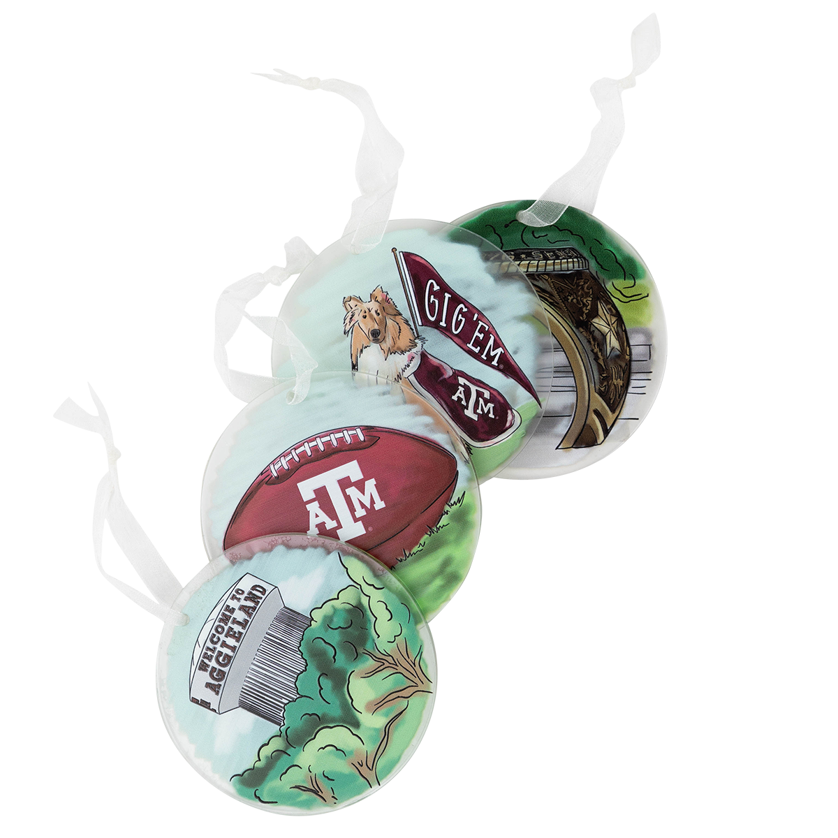 Four circle ornaments with colorful Texas A&M designs.