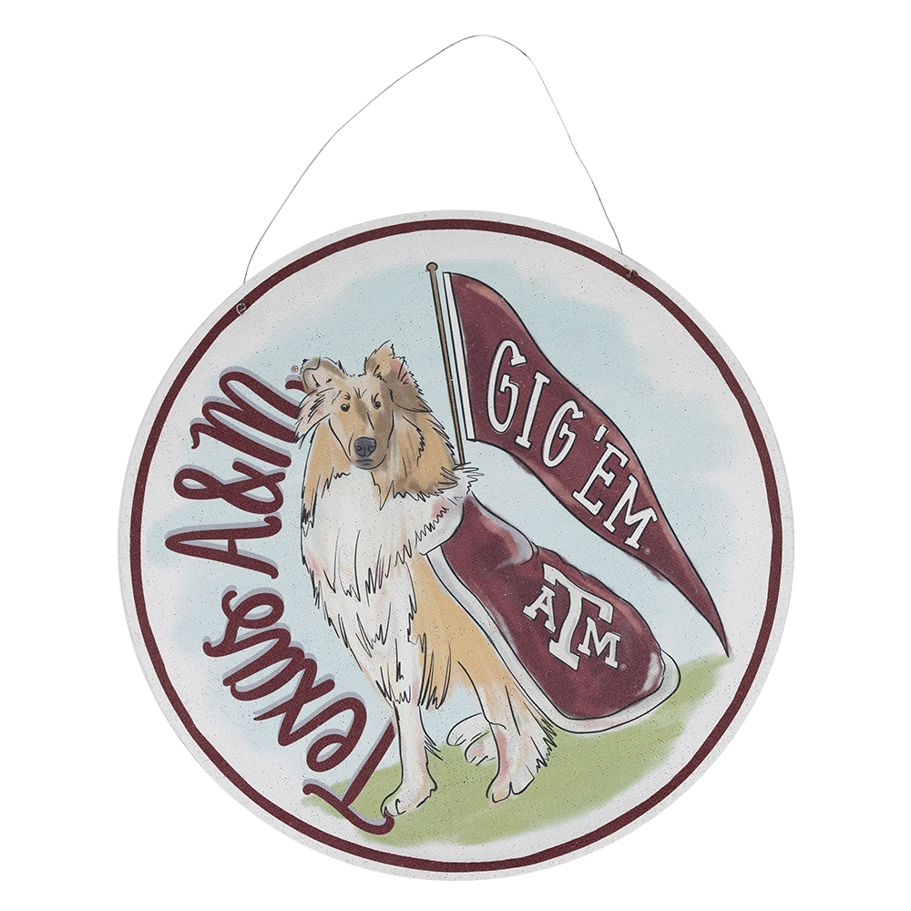 Decorative sign with a collie dog holding a flag with "Gig 'em" on it in white, and the Texas A&M logo on the dogs maroon shirt in white.