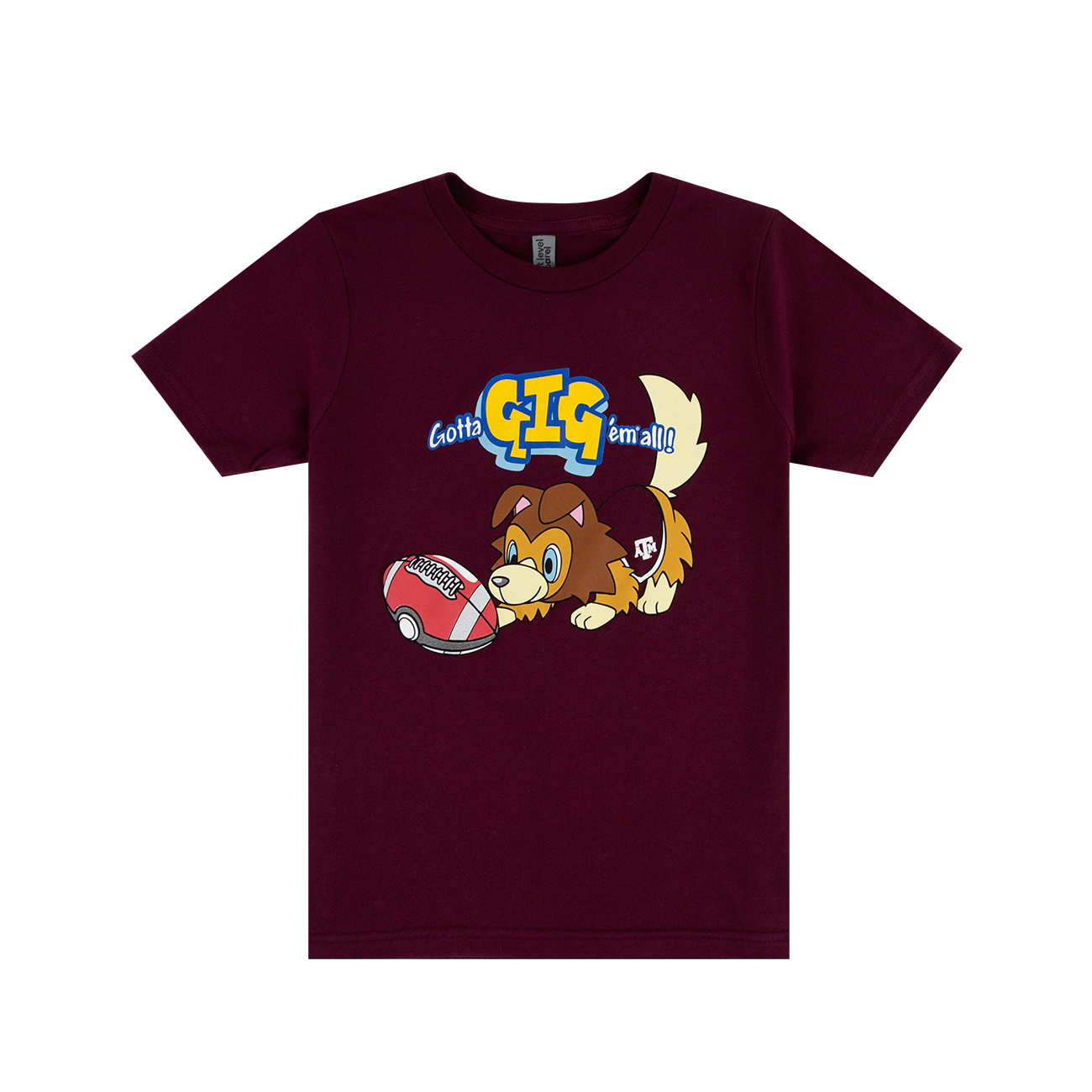 Maroon t-shirt with cartoon dog and football design.