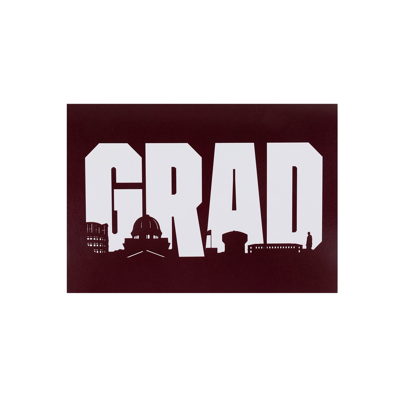 A rectangular maroon card featuring the word 'GRAD' in large white block letters, with a white silhouette skyline across the bottom inside the letters.