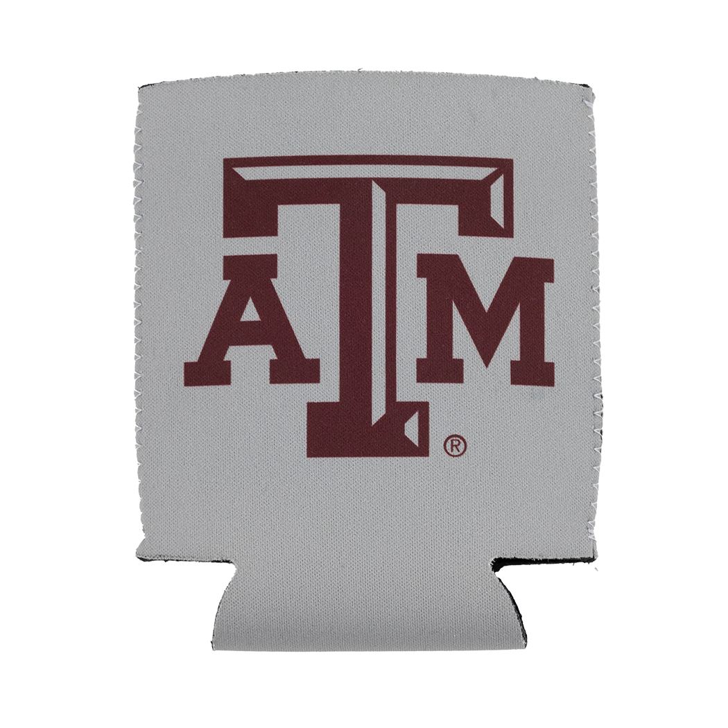 Gray koozie with the Texas A&M logo on one side and "Gig 'Em " on the other.