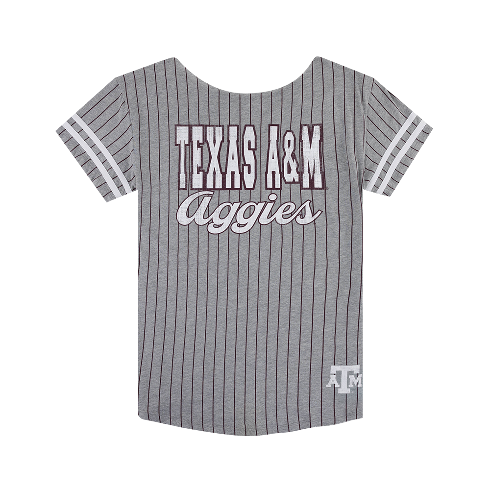 Grey Striped Dress with Maroon Stripes and White Lettering