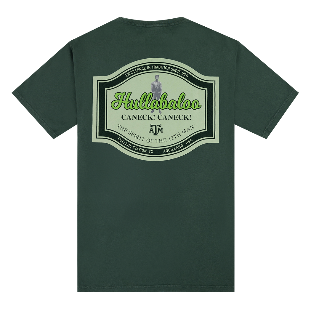Green t-shirt with 'Hullabaloo' logo on the back 