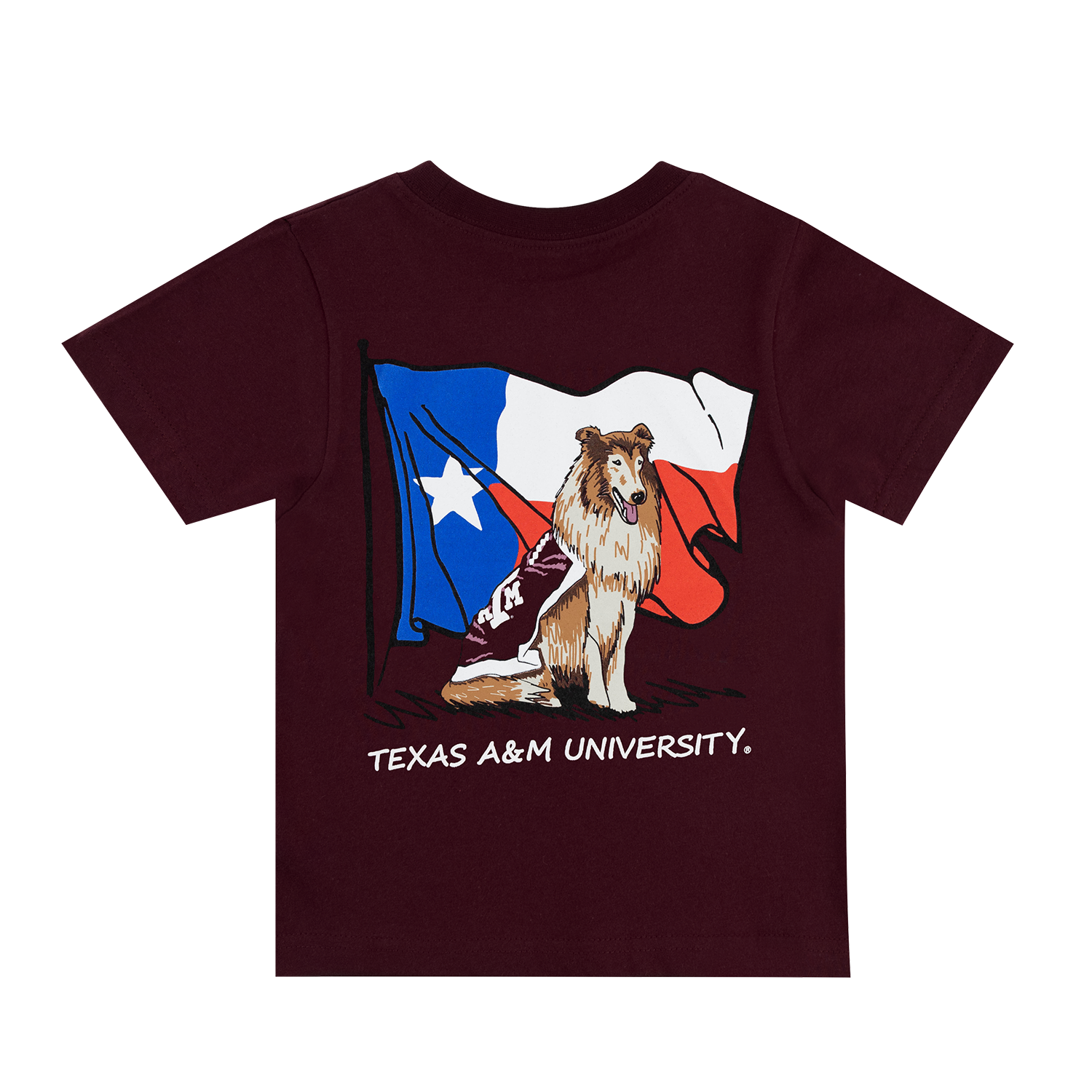 Maroon youth T-shirt featuring Reveille wearing a Texas A&M jersey in front of the Texas flag, with “Texas A&M University” text below.