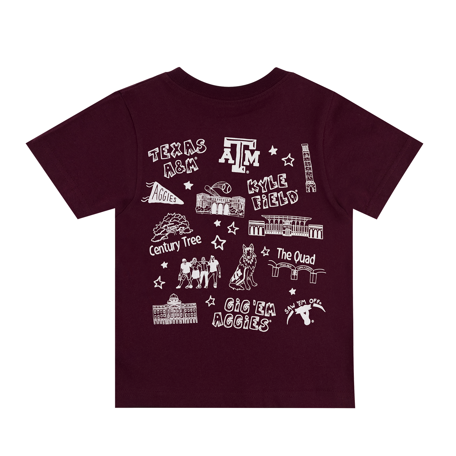 Maroon Texas A&M toddler T-shirt featuring a vintage-style graphic with Texas A&M logos, campus landmarks, Reveille, Century Tree, Kyle Field, and “Gig ’Em Aggies” lettering.
