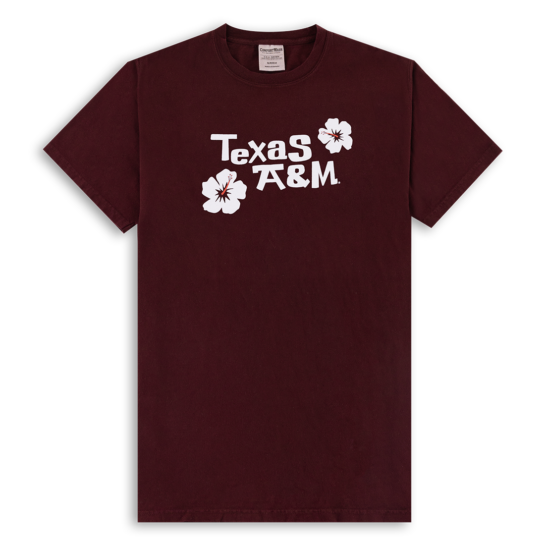 Maroon T-shirt with a Hawaiian design.