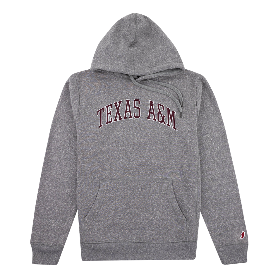 Gray hoodie with "Texas A&M" in maroon and white bolded letters.