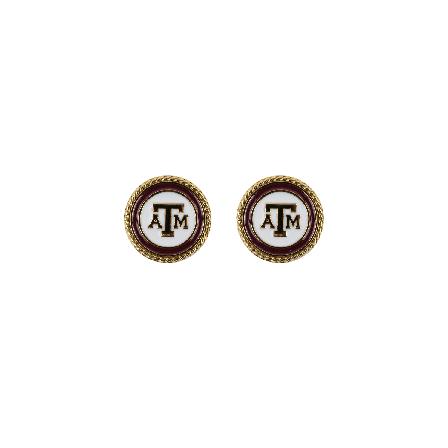 Gold-tone Texas A&M stud earrings with a maroon and white circular design, raised gold A&M logo, and braided gold-tone border.