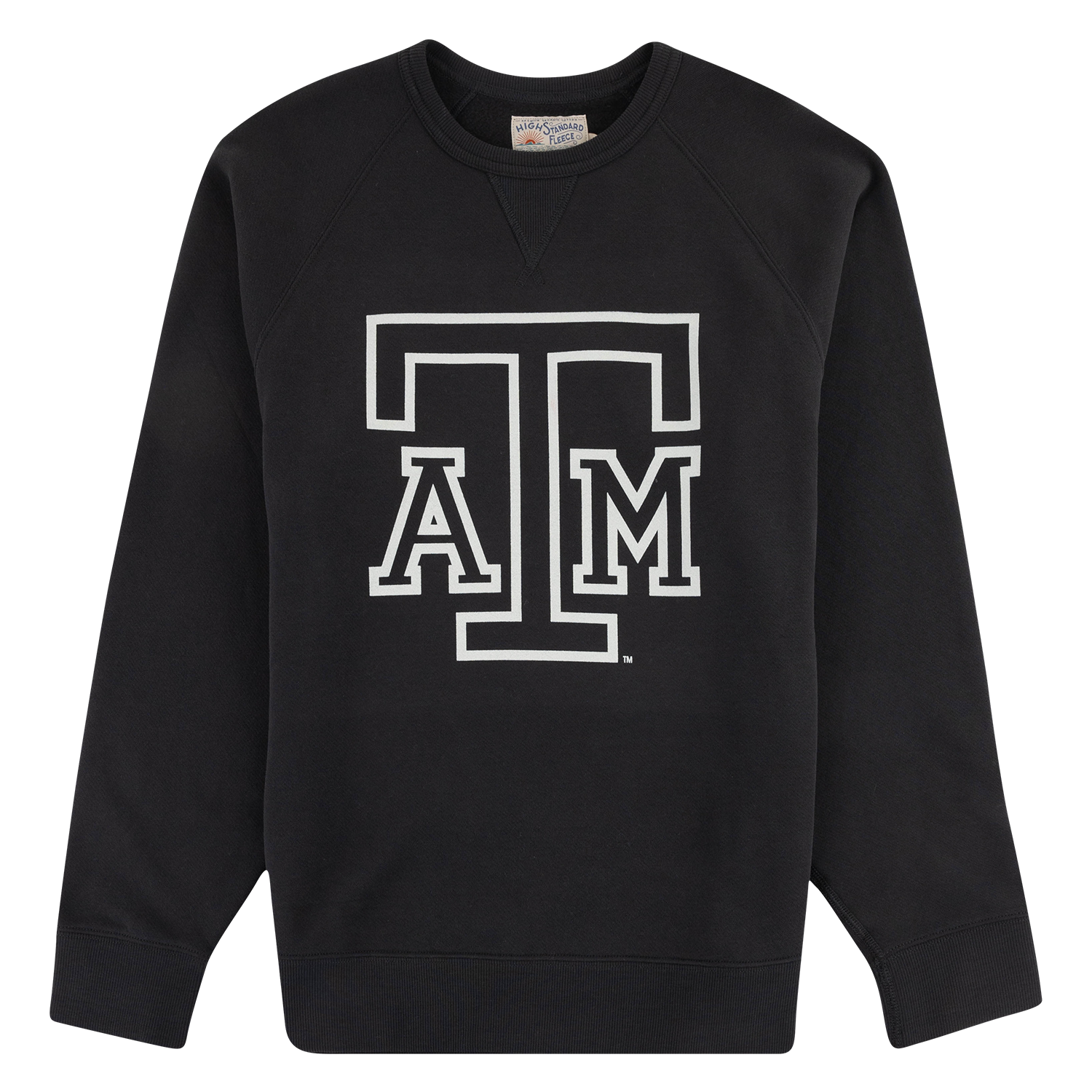A black crewneck sweatshirt featuring a large white outlined 'ATM' logo on the front, representing Texas A&M University, shown against a plain white background.