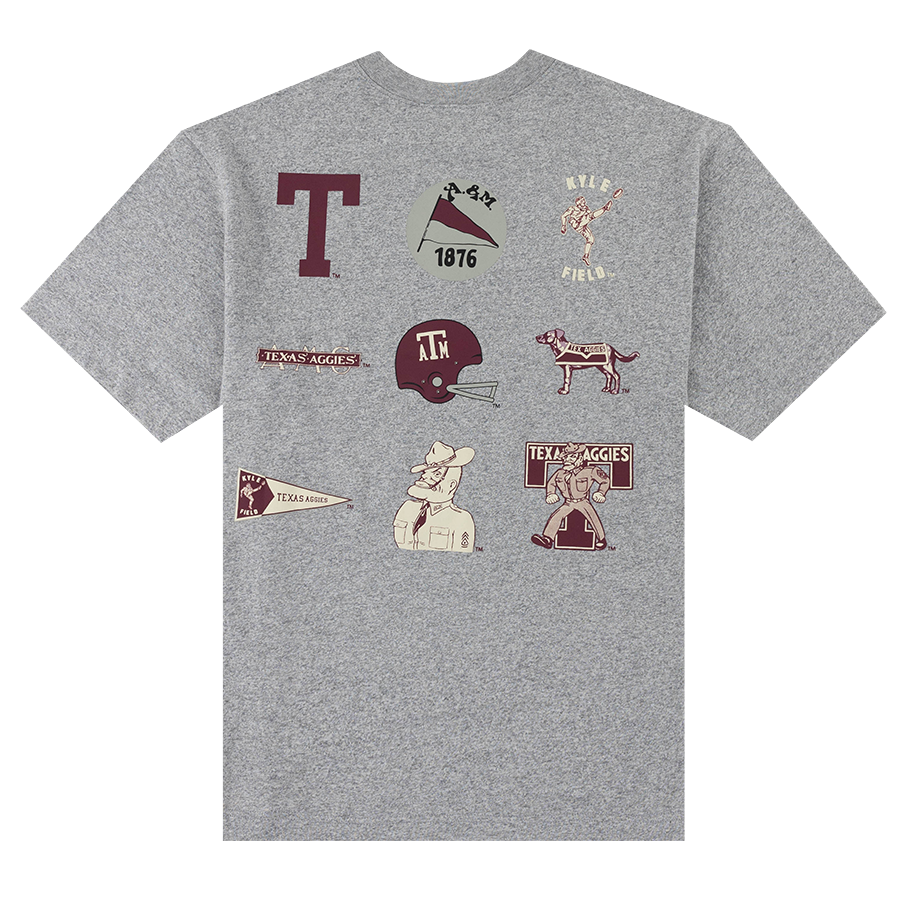 Gray t-shirt with Texas A&M university logos and graphics 