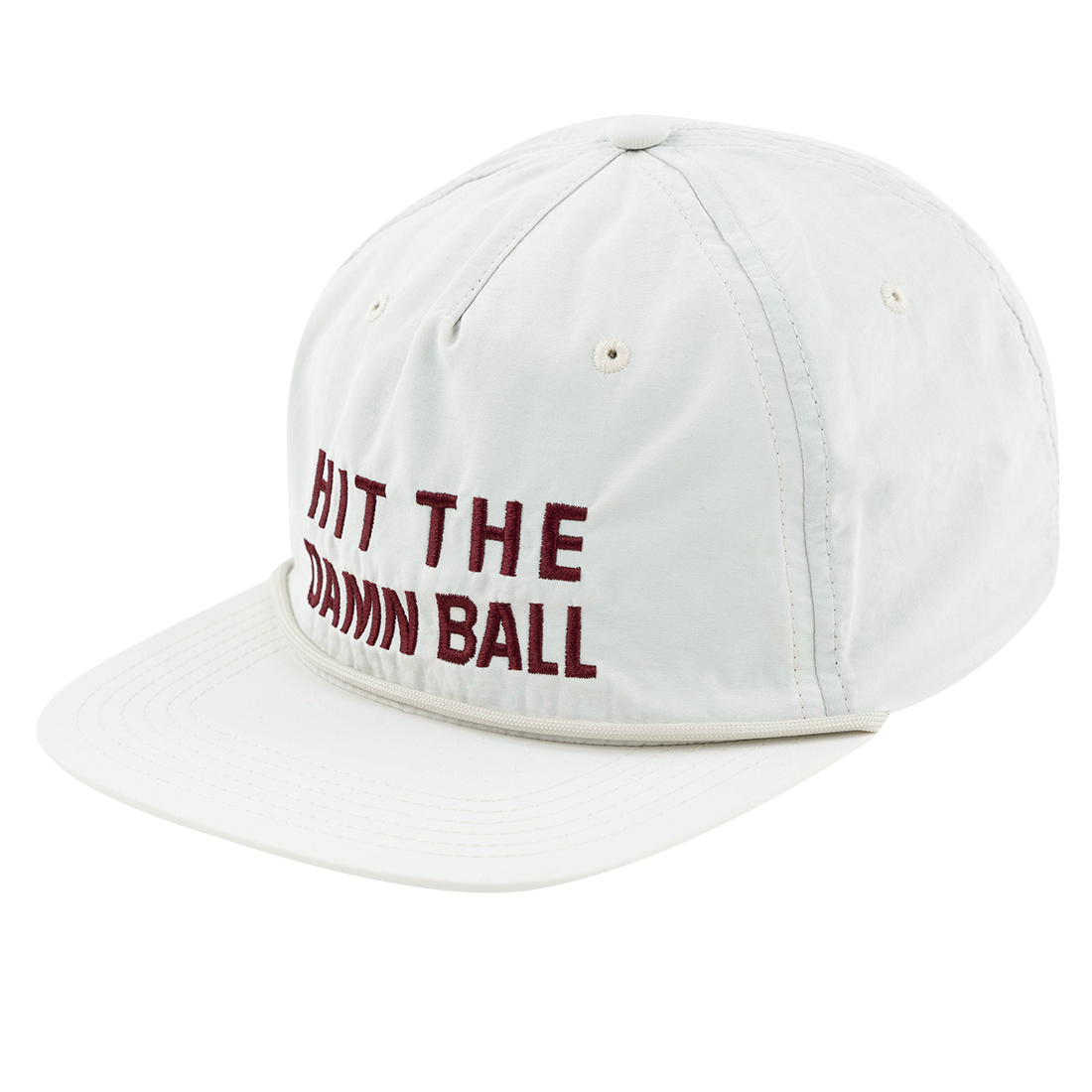 Off white hat with "HIT THE DAMN BALL" in maroon with a white rope on the brim