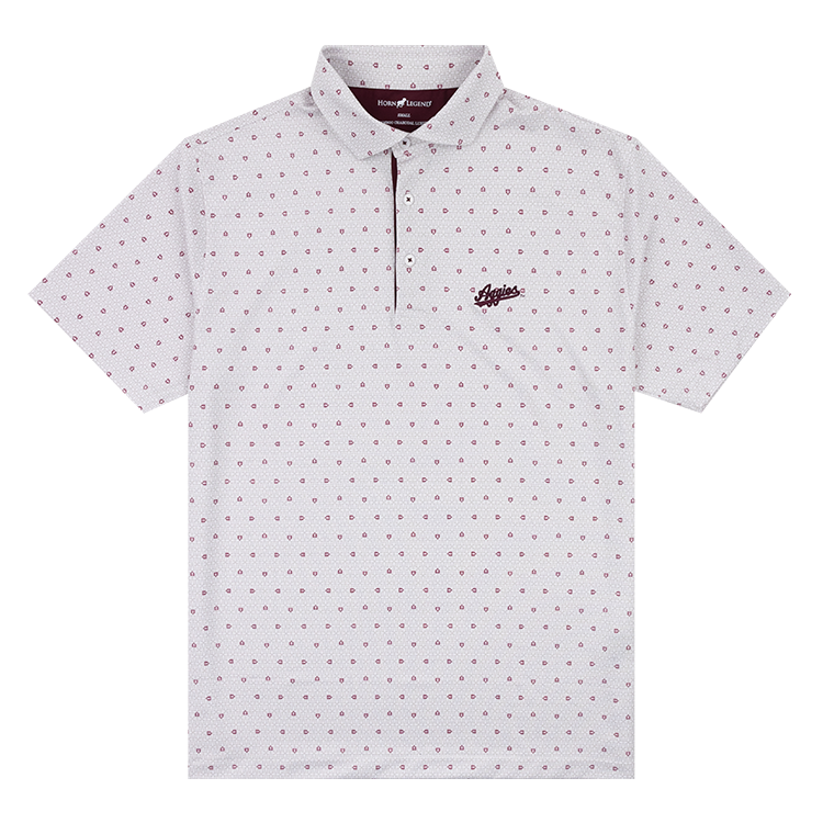 White polo with maroon baseball home plate decals and maroon script Aggies text