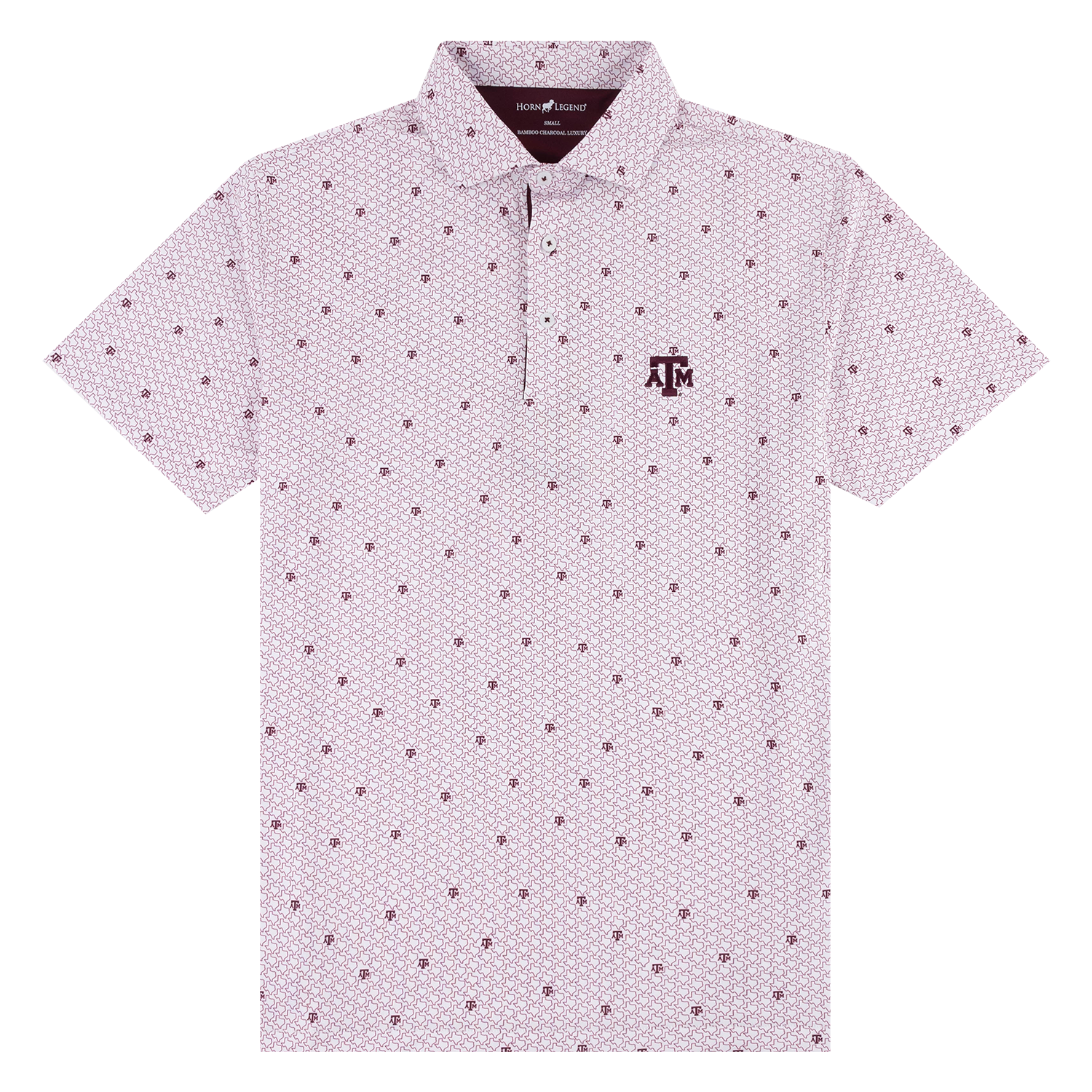 A short-sleeve polo shirt with a maroon and white Texas pattern, featuring a maroon Texas A&M Aggies logo on the left chest.
