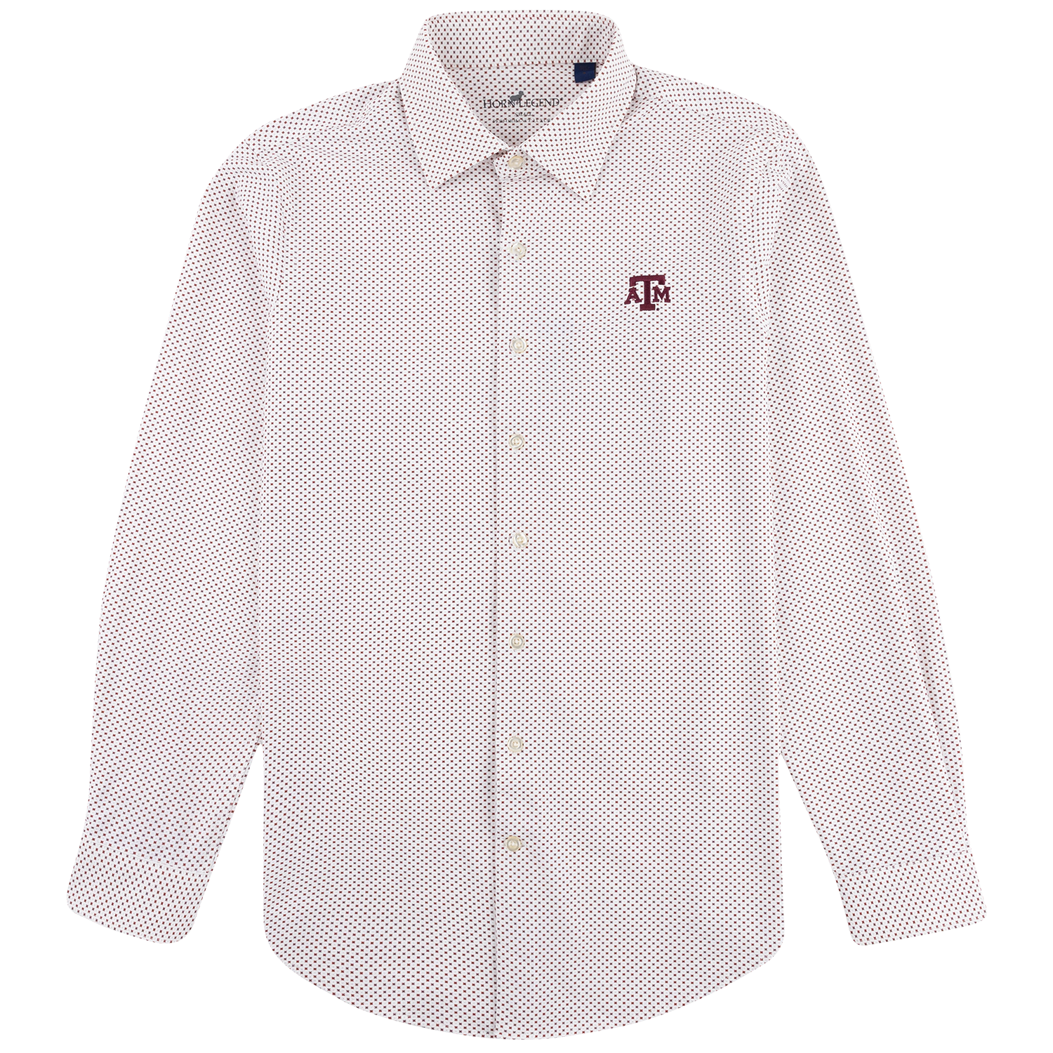 White long-sleeve performance polo with a subtle maroon dotted pattern and embroidered Texas A&M logo on the chest.