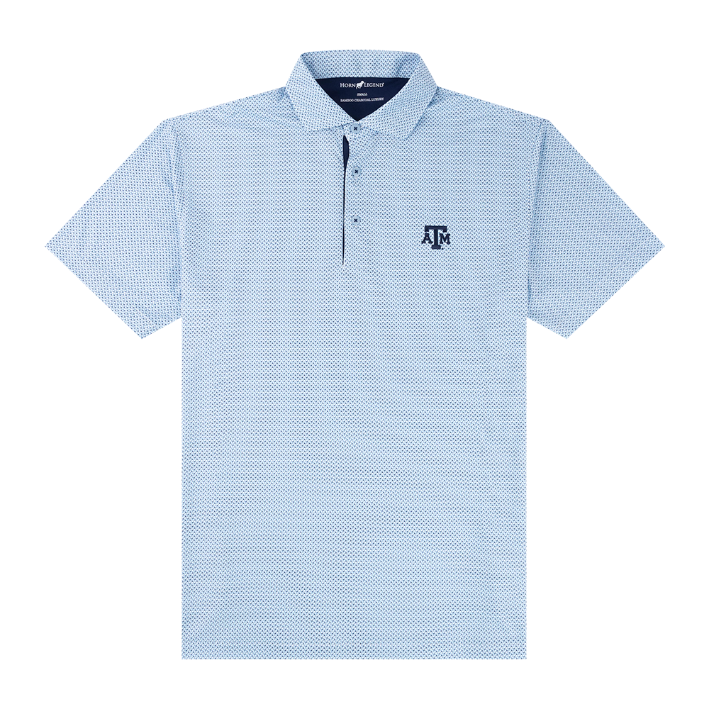 Blue coiled patterned polo with navy ATM logo on the left side of the chest