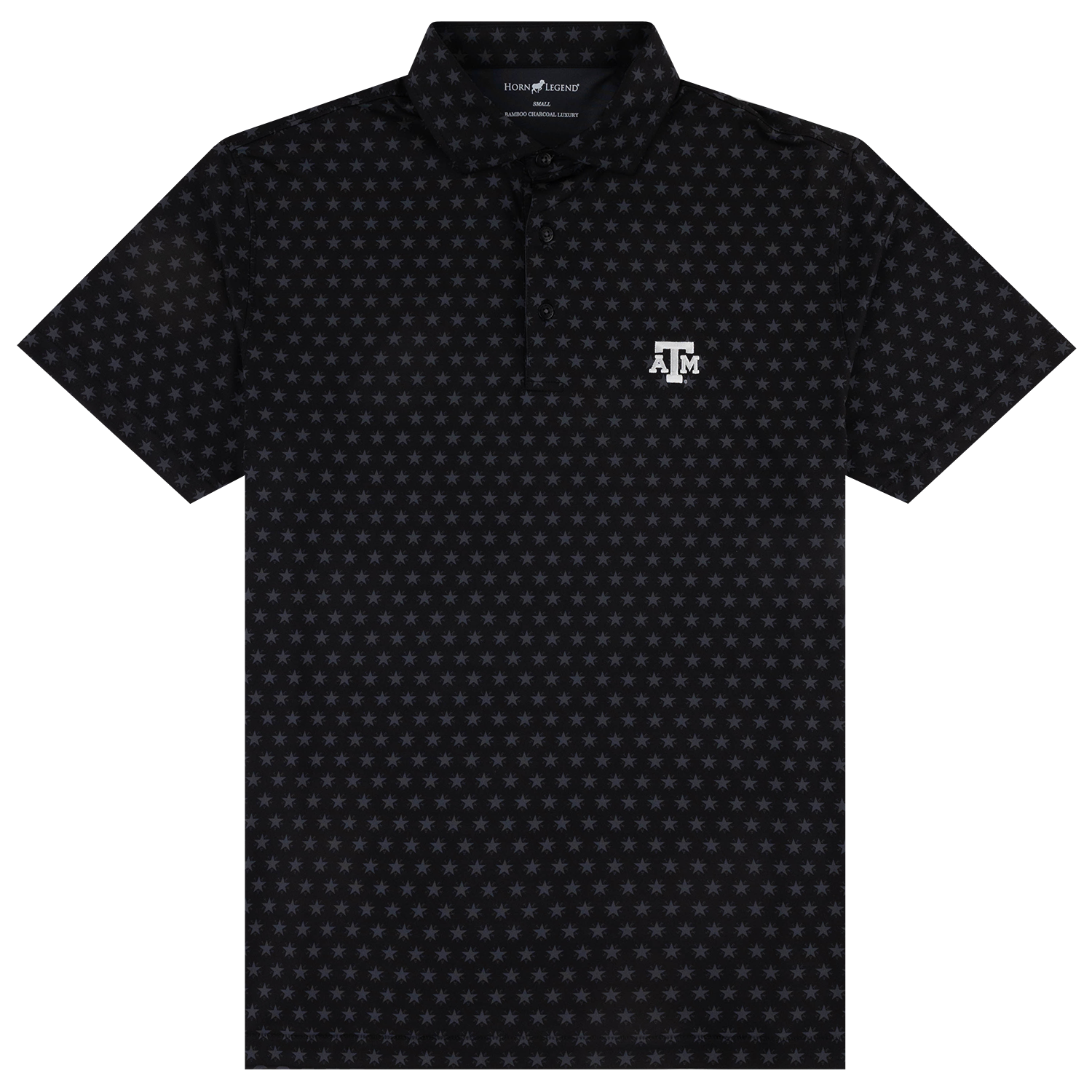 A black short-sleeve polo shirt with a repeating small gray star pattern and a white Texas A&M 'A&M' logo on the left chest, displayed on a solid white background.