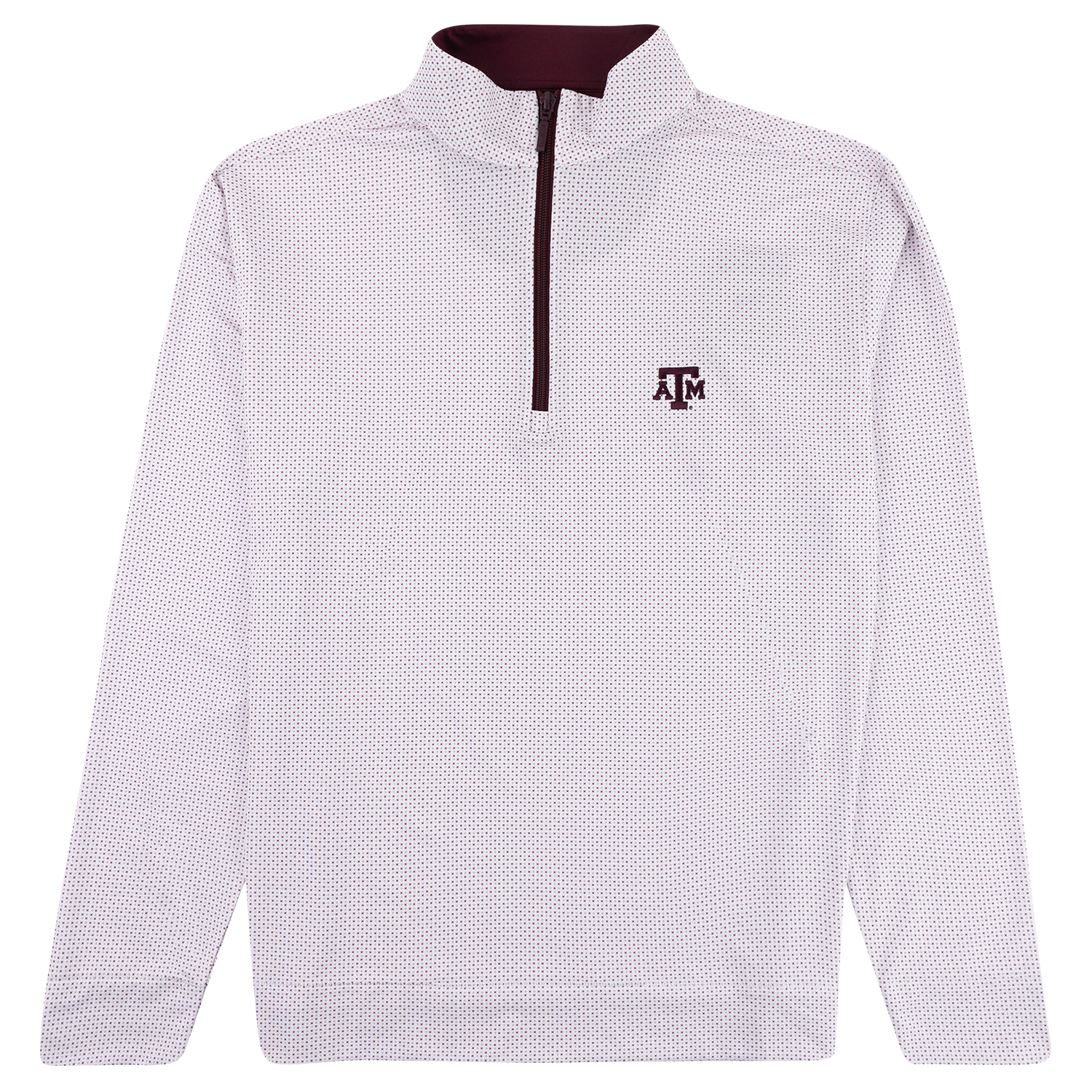 White Texas A&M quarter-zip pullover with a maroon micro pattern, maroon zipper and collar lining, and a small maroon Texas A&M logo on the chest.