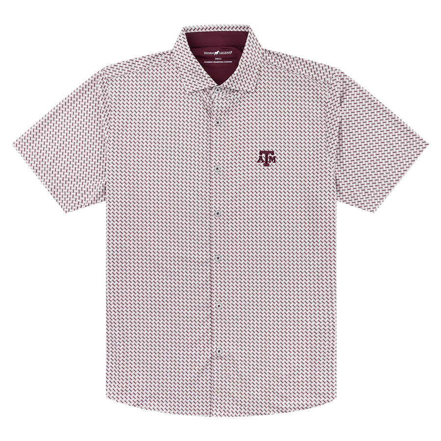 Light gray button down with white and maroon dashes. Maroon ATM logo on the left side of the chest.