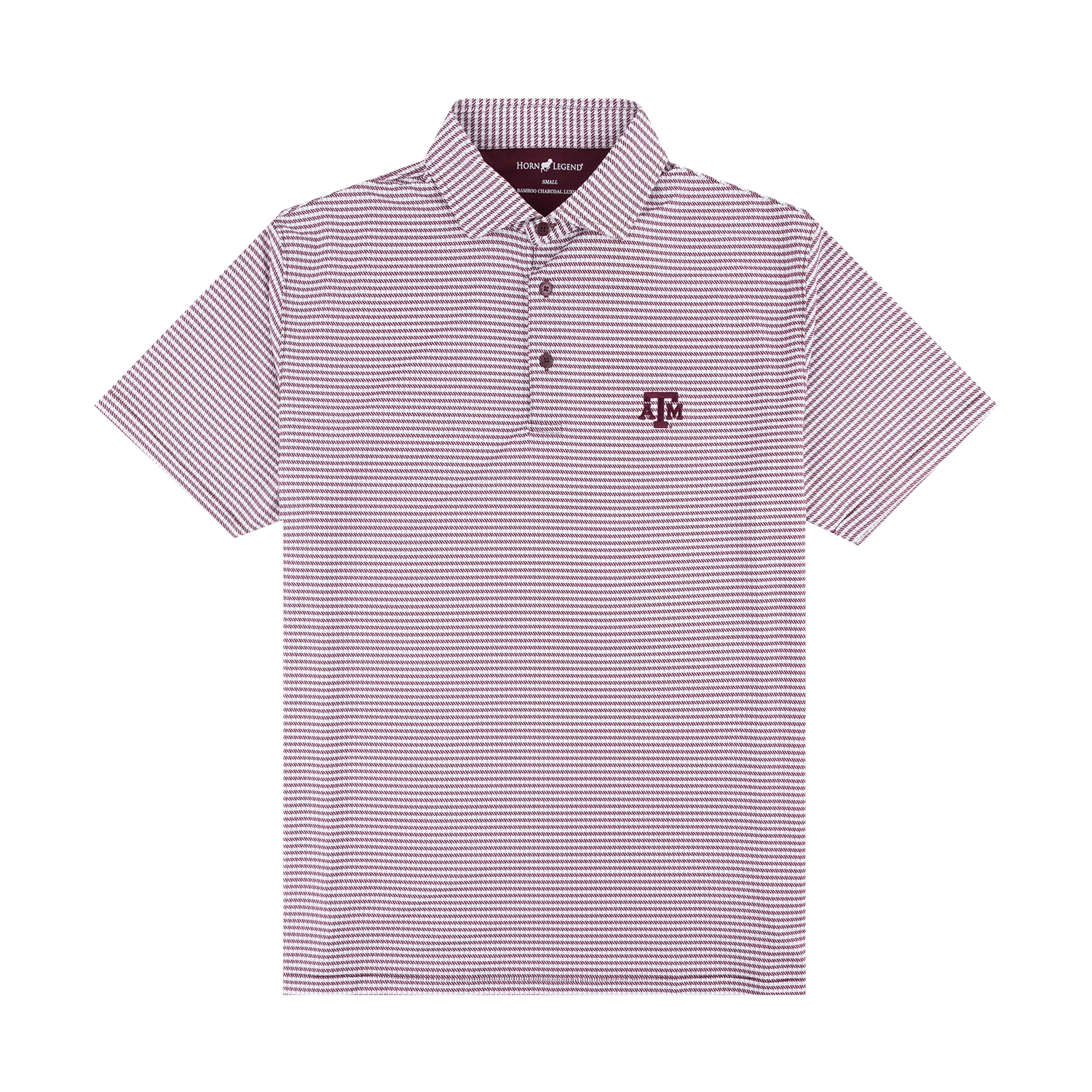 Three button polo shirt featuring a maroon and gray houndstooth micro pattern. Texas A&M logo embroidered into left chest.
