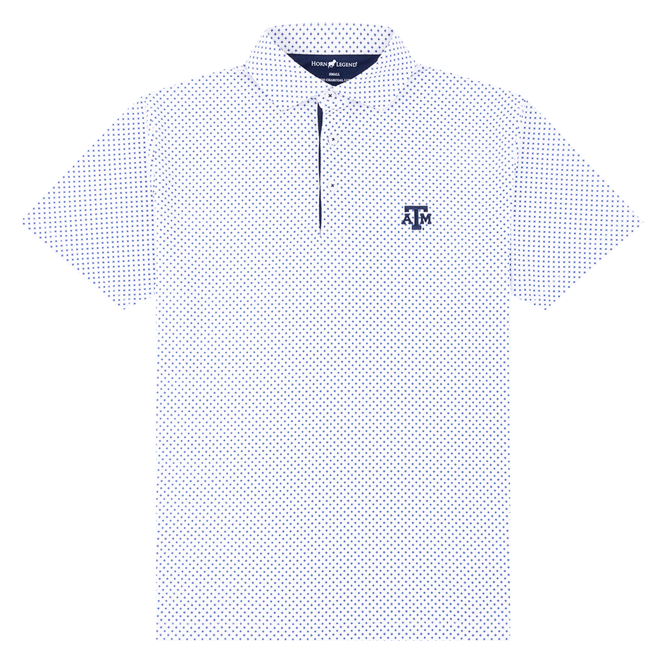 White polo with kaleidoscope designs on the polo in blue and the Texas A&M logo embroidered on the upper left chest.
