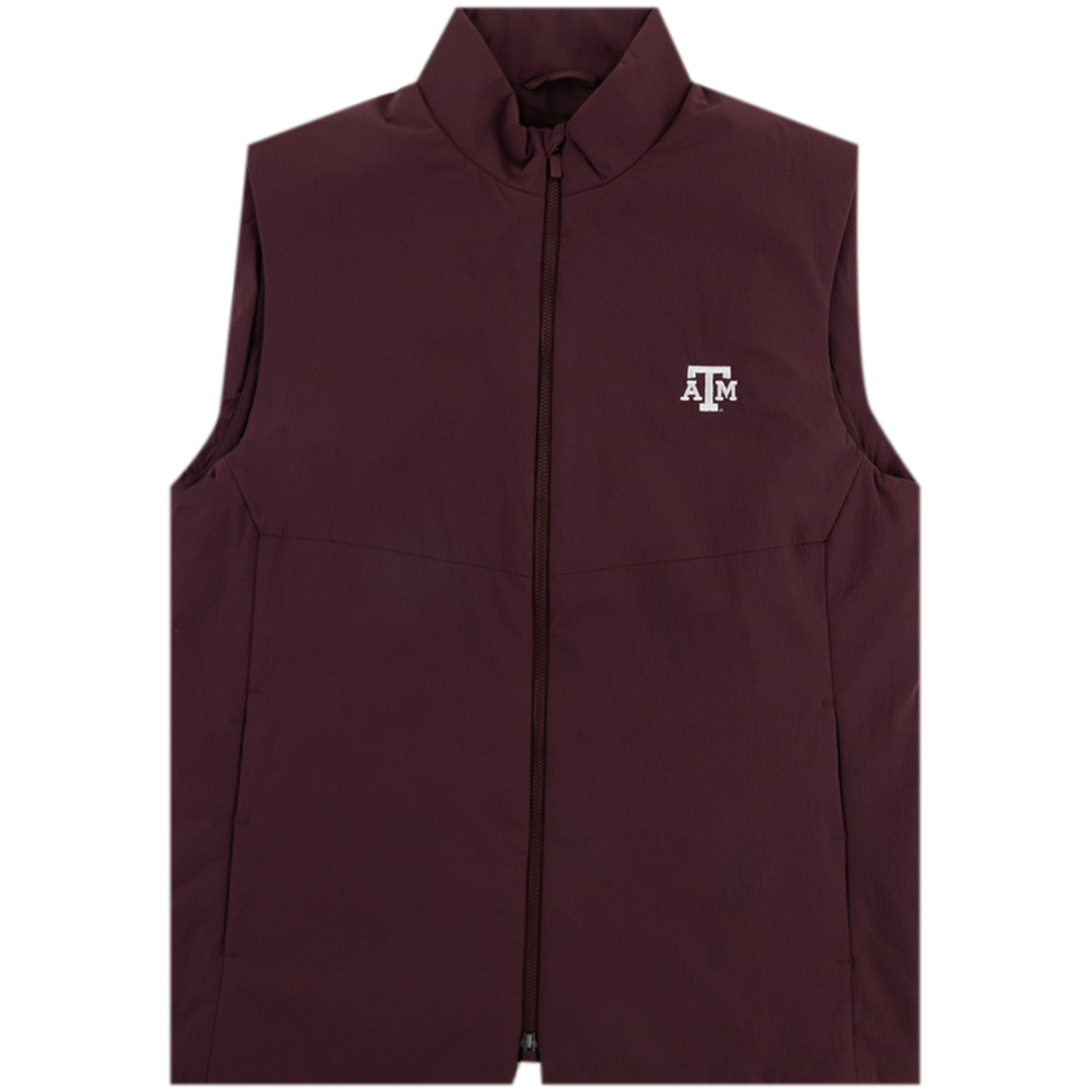 A maroon full-zip vest featuring a stand-up collar and a small white Texas A&M "ATM" logo printed on the left chest.   