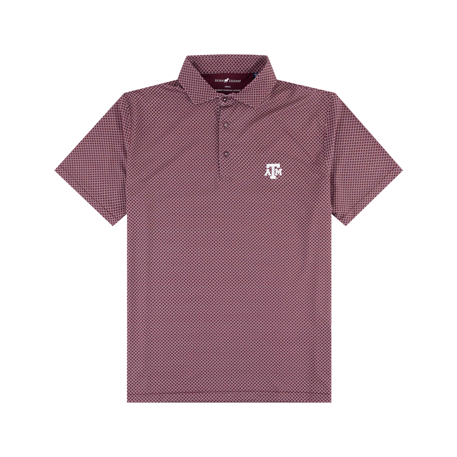 A short-sleeve polo shirt in a maroon and white micro pattern, featuring a white Texas A&M Aggies logo on the left chest, displayed on a solid white background.