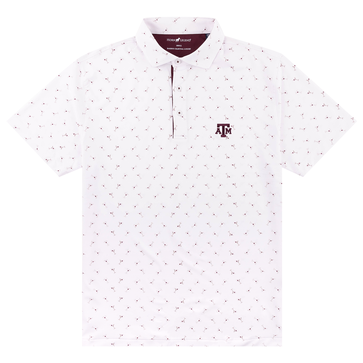 White polo with light gray martini classes. Maroon ATM logo on left side of the chest.