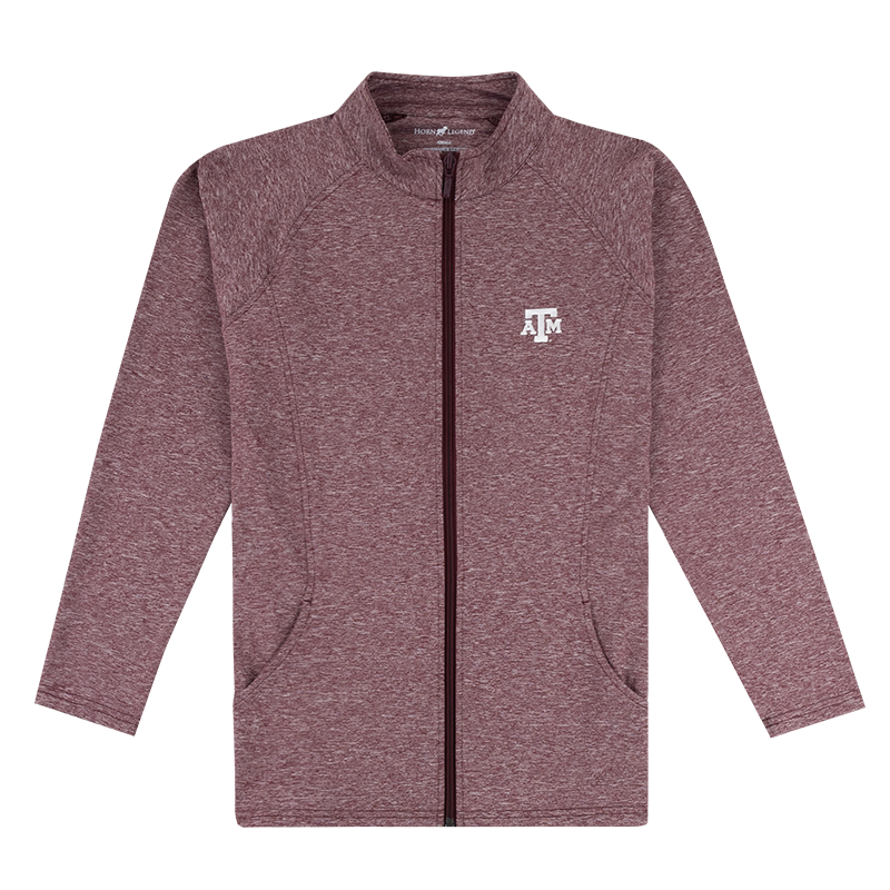 Maroon, heathered full zip with white ATM logo