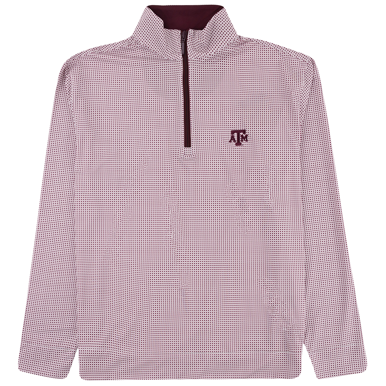 White Texas A&M quarter-zip pullover featuring a maroon micro check pattern, maroon zipper and collar lining, and a small maroon Texas A&M logo on the chest.