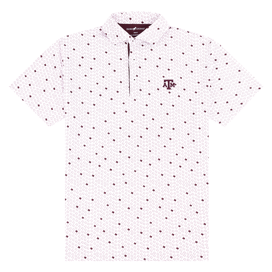 White polo with maroon outline of Texas Lonestar state and maroon ATM logo on the left side of the chest