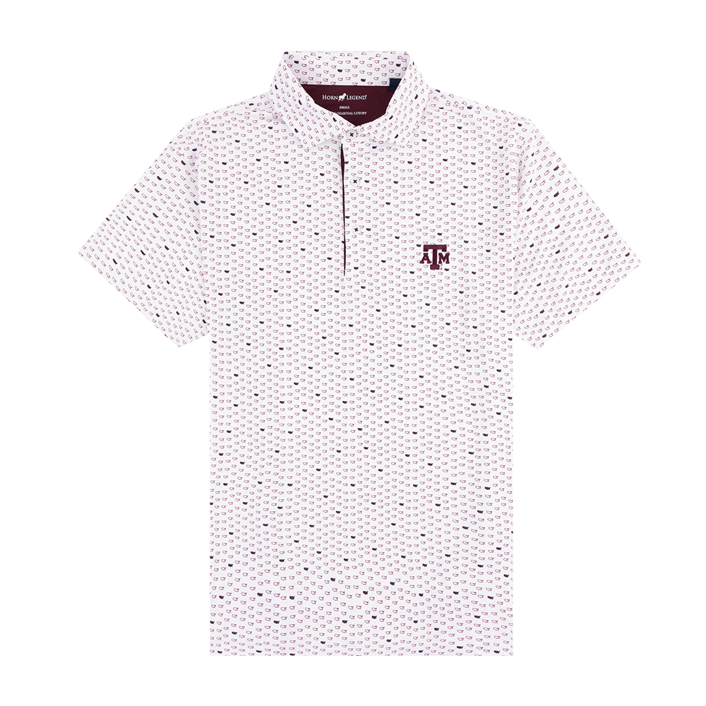 White short-sleeve shirt with maroon pattern and logo 