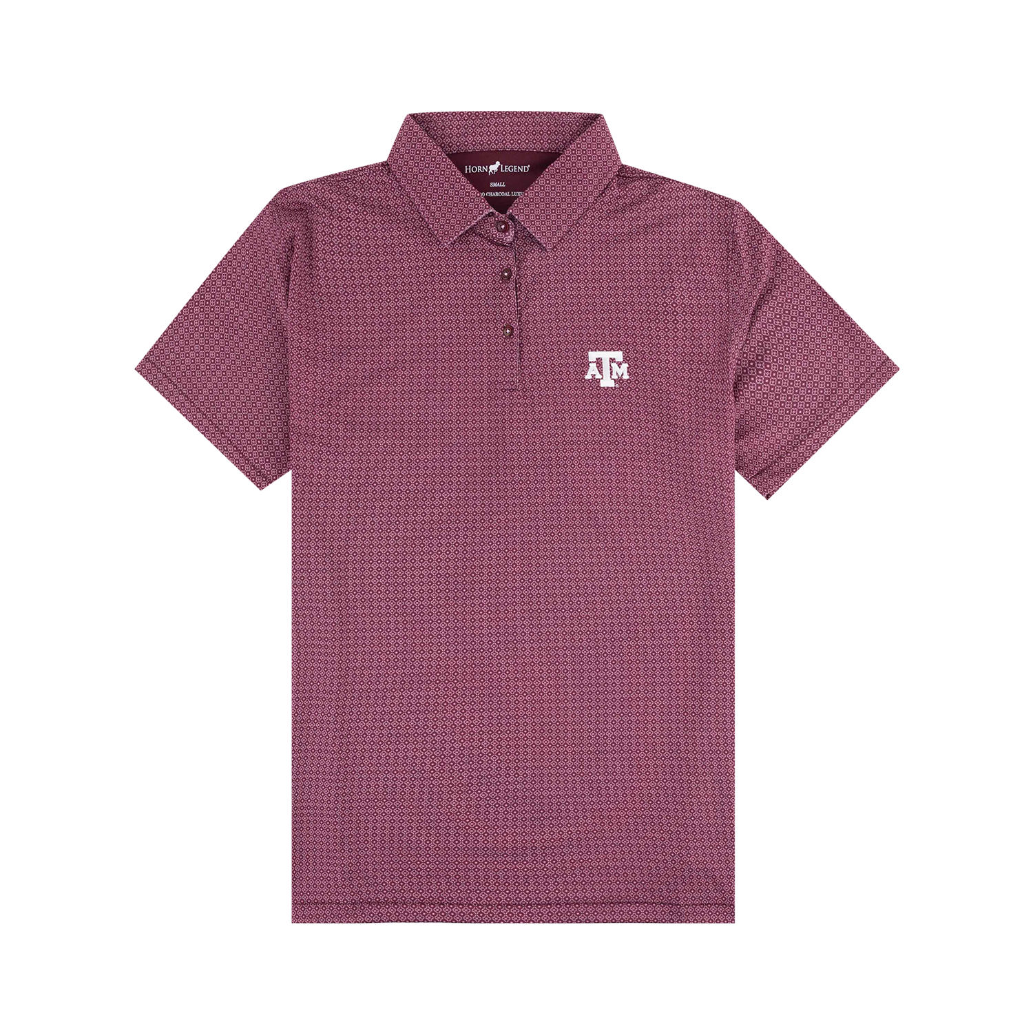 A short-sleeve polo shirt in a maroon and white micro-pattern, featuring a white Texas A&M Aggies 'A&M' logo on the left chest, displayed on a solid white background.
