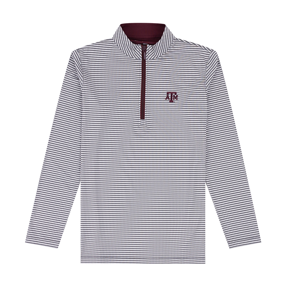 Black and white quarter zip with maroon ATM logo on left side of chest