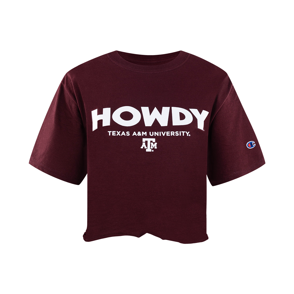 Maroon crop top with the Texas A&M logo on the front in white.