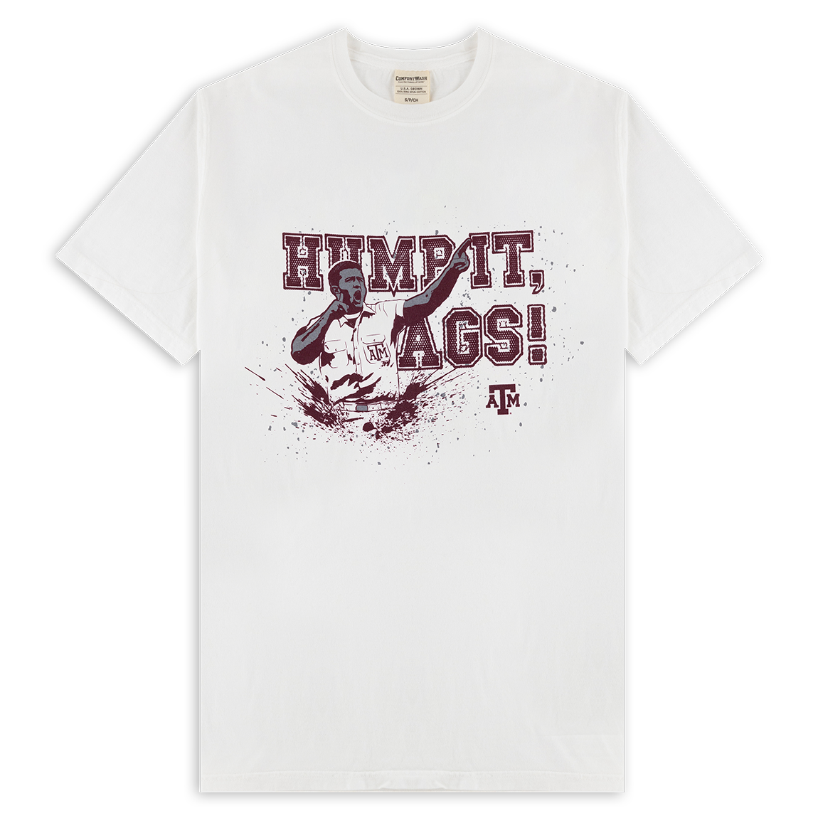 White t-shirt with "Hump It, Ags!" in maroon with a yell leader.