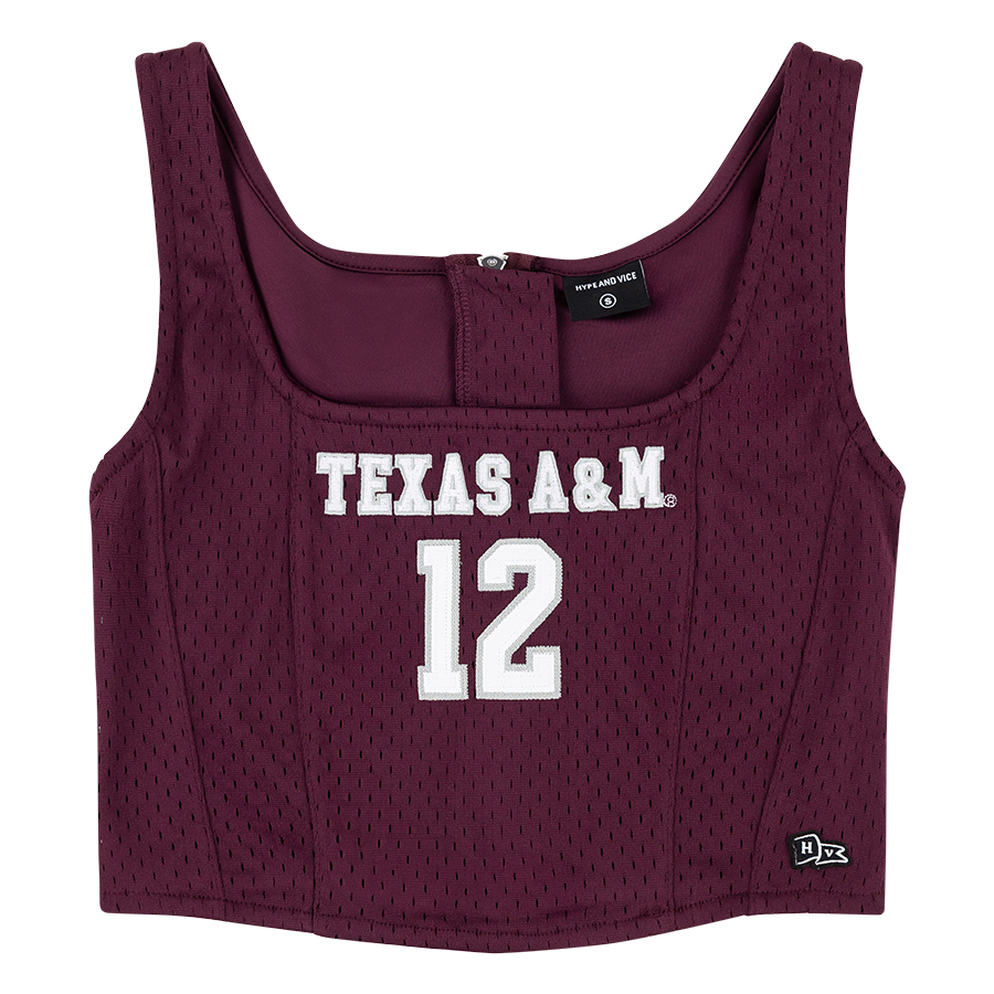 Maroon corset jersey tank with "TEXAS A&M 12" in white with a zipper in the back